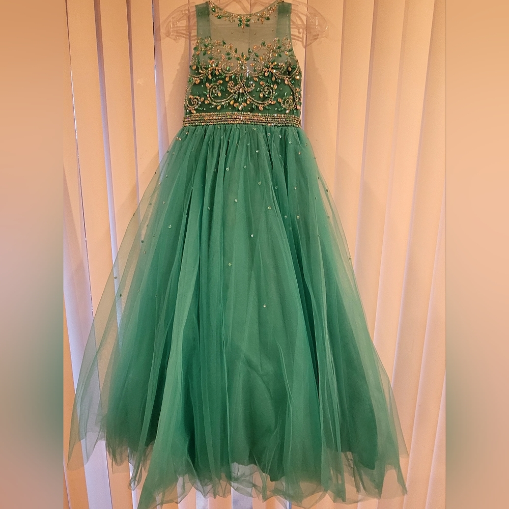 Girls Long Beaded Illusion Dress